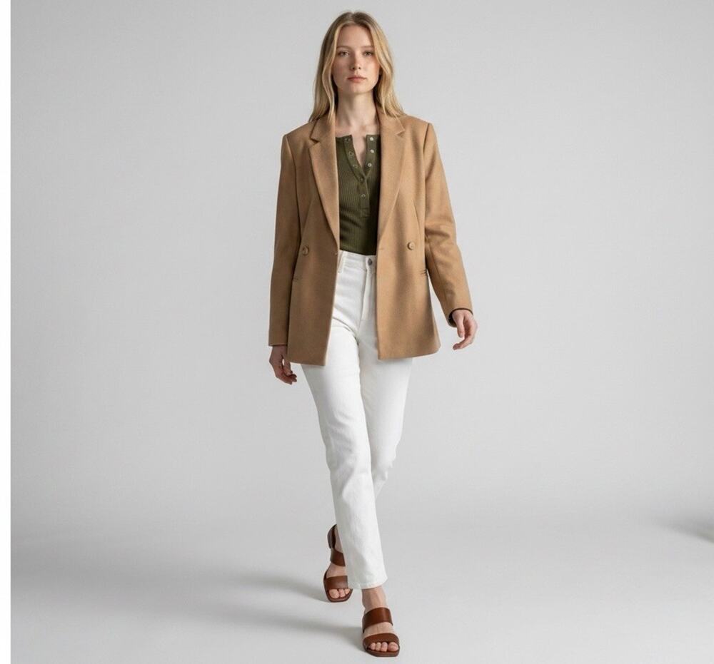 MOTHER Straight Leg Jeans in White with Camel Blazer